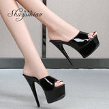 Women Shoes High Heels 2023 New Slippers Stripper Thick Bottom Platform Patent Leather Open Toe Bling Plus Size 43 Party