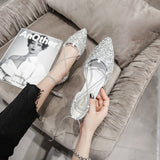 Women Luxury Rhinestone Ballet Flats Cross-Tied Lace Up Flat Shoes Woman Crystal D'orsay Wedding Shoes Glitter Sliver