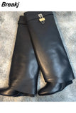 Design Shark Lock Women Boots Sexy Slip-on Knee High Boots For Woman Motorcycle Botas Mujer Genuine Leather Wedge