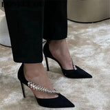 Fashion Brand Crystal Embellished High Heels Shoes Women Pointed Toe Dress Rhinestone Wedding Party Pumps Black Suede