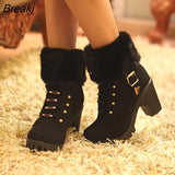 Autumn Women's Ankle Boots Female High Heels Shoes Flock Fashion Zipper Chunky Heels Short Botas for Ladies Casual