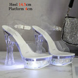 Color Square Heel Women Sandals Light Up Glowing Shoes Luminous Clear Sandals Platform Shoes High Heel 15cm Transparent
