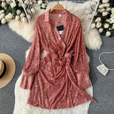 Sexy Sequins Glitter Mini Party Dress for Women Fashion Spring Solid V-neck Long Lace-up Sash A-line Short Club