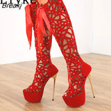 16CM Ultra Thin High Heels Sexy Nightclub Hollow Out Over The Knee Boots Women Peep Toe Lace-Up Zip Platform Shoes