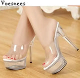 New Slides Female Model T Stage Catwalk Sexy Crystal Shoes 15cm High with Transparent Platforms Thick Soles