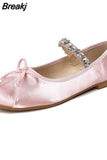 Style Elegant Rhinestone Bow Mary Jean Shoes 2023 Hot Satin Ballerinas Flats Single Shoes Bling Rhinestones Women