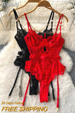 Sexy Women See Through Mesh Lace Bodysuits Black Red Spaghetti Strap Sleeveless Chain Decoration Body Femme