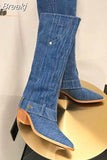 Boots Women 2023 New Fashion European Style Pointed Toe Denim Mid Calf Boots Causal Dress Street Fashion Boots