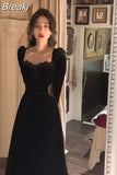 Autumn Slim Black Velvet Dress Casual Korean Fashion Elegant Midi Dress Woman Party Long Sleeve Vintage Lace Dress
