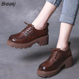2022 Women Shoes Genuine Leather New Spring British style Women's loafers Round Toe Casual Platform Shoes