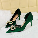 Breakj 79 Banquet Women's Shoes High Heel Suede Shallow Tip Side Hollow Water Diamond Buckle Pearl Bow Single