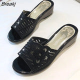 new women's slippers comfortable breathable wedge with thick bottom versatile mesh rhinestone slippers