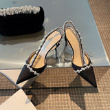 Temperament French Small Heels Socialite Pointed Single Shoes Fairies White High Heels Fine Heels Water Drill Baotou Sandals Women's