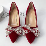 Sexy Red Velvet Wedding Shoes for Women 2023 Luxury Pearl Bowknot Pointed Toe Pumps Woman Stiletto High Heels Dress