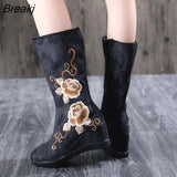Women Boots High Heels Flower Women Shoes Embroidered Winter Knee-High Boots Warm Size 35-43 Fashion Botas
