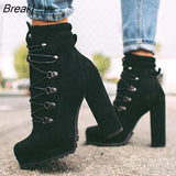 Women Flock Rivet Ankle Boots Female Square High Heels Autumn Fashion Sexy Lace-Up Shoes Ladies Retro Footwear Plus Size