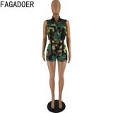 Sexy Women Camouflage Set Two Pieces Sets Pockets Patchwork Zipper Crop Top Shorts Camo 2 Piece Outfits Night Club