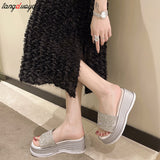 slippers Sequined High-heeled One-word Slippers Women Summer Outer Wear Platform Beach Comfort Sandals slippers