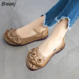Spring Fashion Flower Design Round Toe Soft Bottom Flat Shoes Vintage Genuine Leather Women Flats Girl Loafer Large