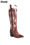 Big Size 34-43 Women Knee High Boots Cowboy Autumn Thick High Heels Pointed Toe Retro Butterfly Long Boots Shoes