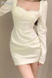 Color Long Sleeve Dress Lace Design 2023 Autumn Casual French Elegant Mini Dress Slim Korean Style Short Party Dress