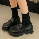 Brown Pu Leather Platform Loafers Women Fashion Slip On Shallow Flats Shoes Woman British Style Middle Heels Office