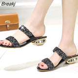 Sequin Slippers Women Summer Luxury Golden Square Heel Party Shoes Slides Woman Open Toe Med Heels Beach
