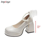 Pearls Strap Square Heels Pumps Women Shoes 2023 Fashion Pu Leather Platform Mary Janes Woman High Heels Party Wedding