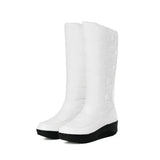 New Forst Winter Snow Boots Women Mid Calf Warm Plush Wedges Shoes Waterproof Down Patchwork PU Buttons Platform
