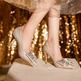 Rhinestone Wedding Bride Shoes Women 2023 Shiny Sequins Thin Heels Pumps Woman Sliver Bowknot Party High Heel Shoes