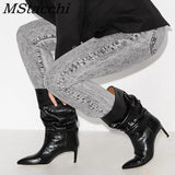 Women's Boots Snakeskin Print Pleated Mid Heel Party Shoes Pointed Toe Slip On Sexy Stiletto Women Motorcycle