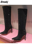 Women High Heels Shoes Crystal Rhinestone Pointed Toe Demonia Boots Stiletto Women's Knee High Boots Sexy Slip-On Botas De