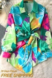 New Spring Fashion Women's Shirt Dress Multi-color Print Turn-down Collar Long Sleeve Sash Bow-tied Buttons Short
