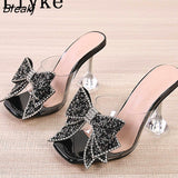Fashion Crystal Sequined Bowknot Women Slippers Sandals Strange Style Clear Heels Open Toe PVC Transparent Shoes Size