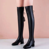Women Leather Elastic Over The Knee Boots 2024 New Winter Warm Plush Long Boot Autumn Slip-On Pointed Thick Heels Knight