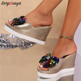 wedge slippers women 2024 new Shiny Sequin butterfly knot sandals women summer fashion Slope heel open toe Slippers size