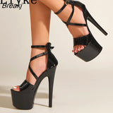 Fashion Runway Ankle Strap Platform Sandals Women Summer Patent Leather Open Toe Zip Sexy 17CM High Heels Pole Dance