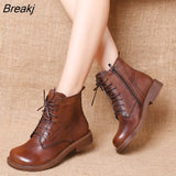 women shoes 2023 spring genuine leather Female short boots women booties British Lace-Up retro women Motorcycle