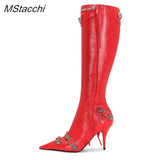 New Metal Rivet Women High Knee Boots Pointed Toe Thin Heels Designer Shoes Party Tassels Zipper-Sid Long Botas De