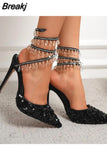 Bead Rhinestone Ankle Strap Shoes For Women Pumps Sexy Pointed Toe Demonia Shoes 2023 Ladies Thin Heels Stiletto