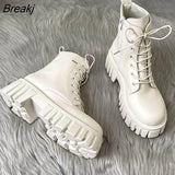 Autumn Winter Women's Shoes Thick Sole Lace-up Side Zippers Boots Leather High Heel Chunky Short Boot for