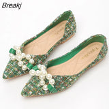 Green Soft Pointed Toe Flat Shoes Women Ballet Shoes 2023 Spring New Pearl Bow Korean Ladies OL Office