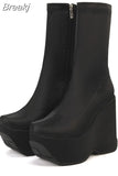 2023 Autumn Women Platform Wedges Boots For Women Zipper Square Head Ankle Boots Ladies Chunky Heels Short Botas