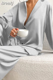 Low Cut Fashion Pajamas Set for Women Loose Casual Long Sleeve Trouser Suits Solid Satin Silk Female Home Fitted Tops