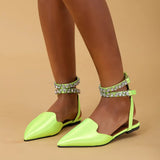 Ankle Strap Flats Women Summer 2023 Satin Pointed Toe Mules Sandals Woman Crystal Decor Party Slingback Shoes