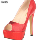 Women Pumps Fashion Sexy 14cm Thin High Heels Open Toe Platform Crocodile pattern Stiletto Party Dress Wedding