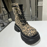 Boots for Women Sexy Leopard Lace-up Round Toe Square Heel Platform Boots Retro Trend Shoes Botas Altas Plataforma