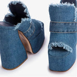 Platform Slippers Women Sexy Peep Toe Super-high Heel Sandals Large Size Fashion Designer Denim Fringe Women Mules