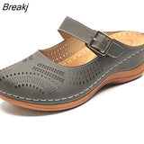 New Women Flat Shoes Mules For Women PU Leather Round Head Sandals Closed Toe Sandals Women Slipper Non-slip Retro