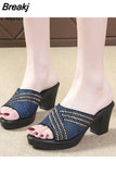 Fashion High Square Heels Slides Women Shining Crystal Platform Sandals Woman Slip on Rhinestone Slippers